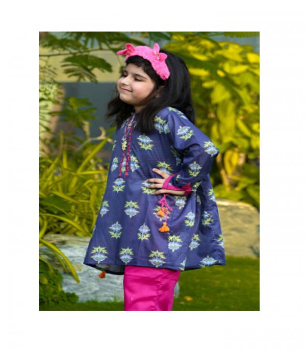 Blue Printed And Embroidered Cambric Girls Kurti